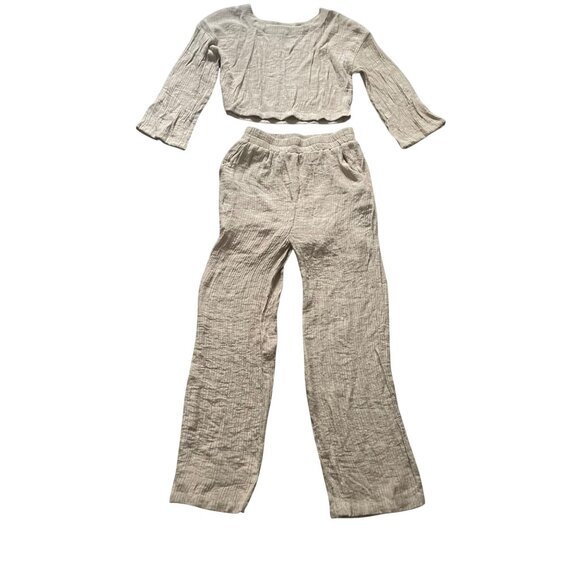 The Sweet Collective Pants - The Sweet Collection Two-Piece Beige Rayon Blend Crop Top & Pants Set